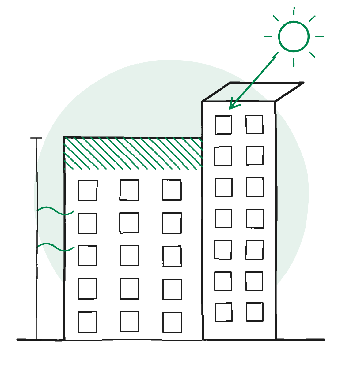 Sketch of a building massing model with envelope, systems and sun